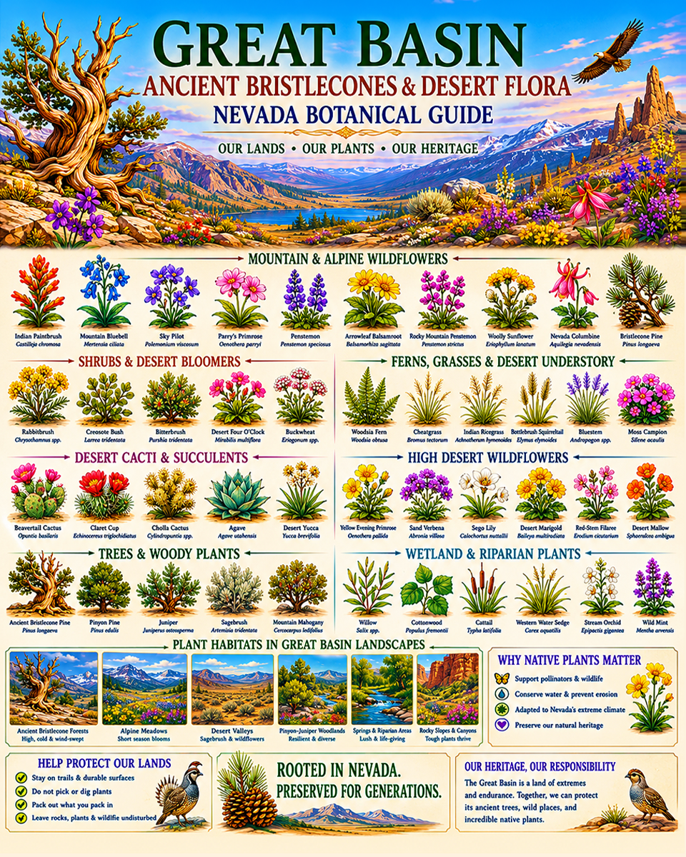 Great Basin Ancient Bristlecones & Desert Flora Chart Matted Art Print - Nevada Botanical Guide