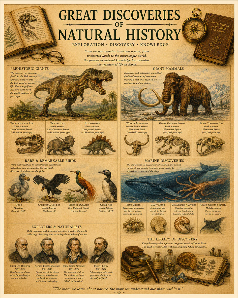 Great Discoveries of Natural History Matted Art Print - Scientific Discovery Chart