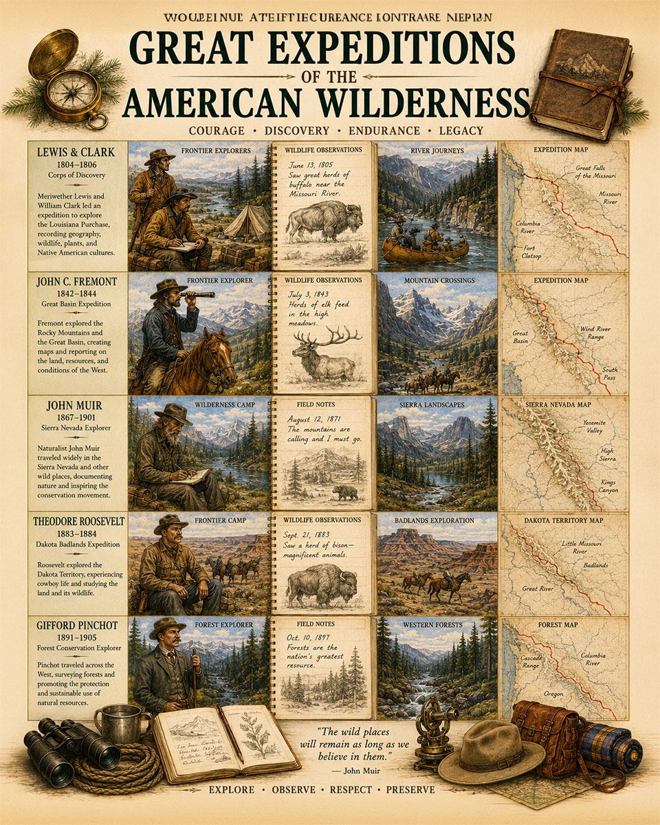 Great Expeditions of the American Wilderness Matted Art Print - Exploration History Chart