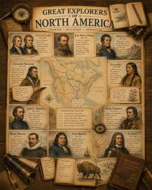 Great Explorers of North America Matted Art Print - Vintage Exploration History Chart