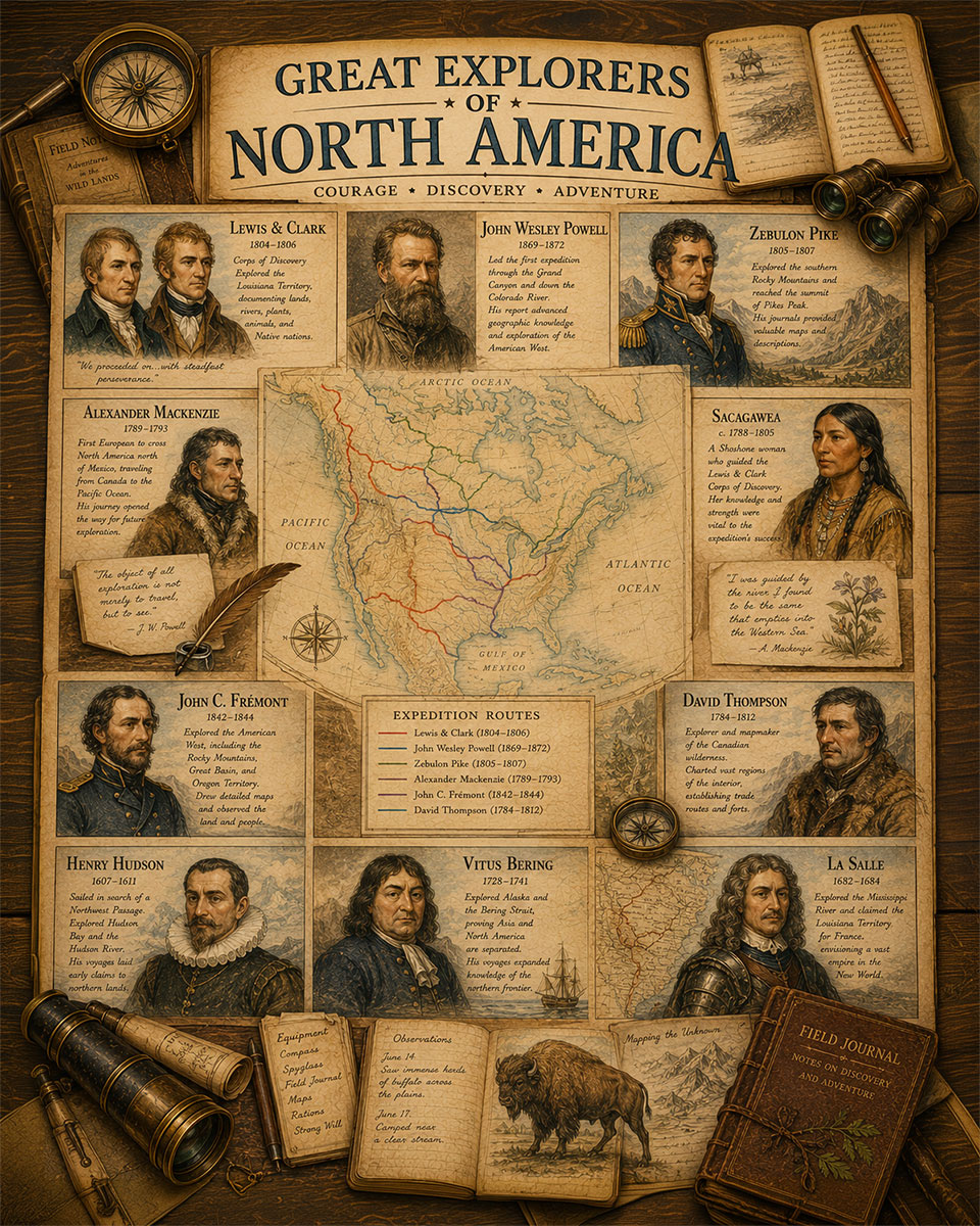 Great Explorers of North America Matted Art Print - Vintage Exploration History Chart