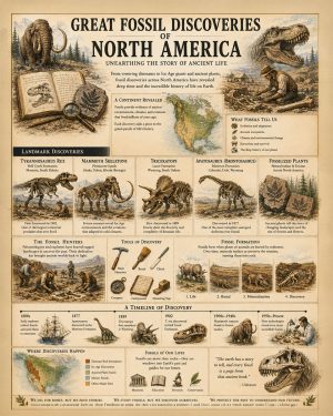 Great Fossil Discoveries of North America Matted Art Print - Paleontology Discovery Chart