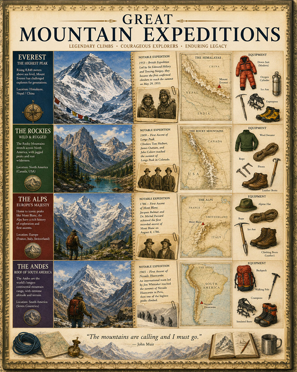 Great Mountain Expeditions Matted Art Print - Exploration History Chart