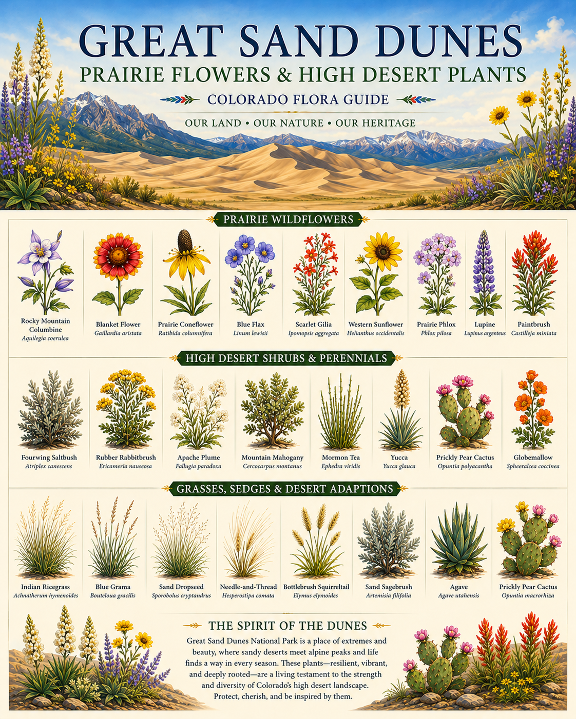 Great Sand Dunes Prairie Flowers & High Desert Plants Chart Matted Art Print - Colorado Flora Guide