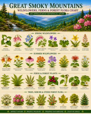 Great Smoky Mountains Wildflowers Ferns & Forest Flora Chart Matted Art Print - Appalachian Botanical Guide