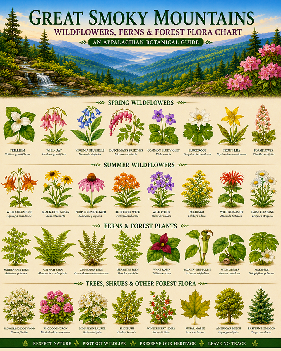 Great Smoky Mountains Wildflowers Ferns & Forest Flora Chart Matted Art Print - Appalachian Botanical Guide