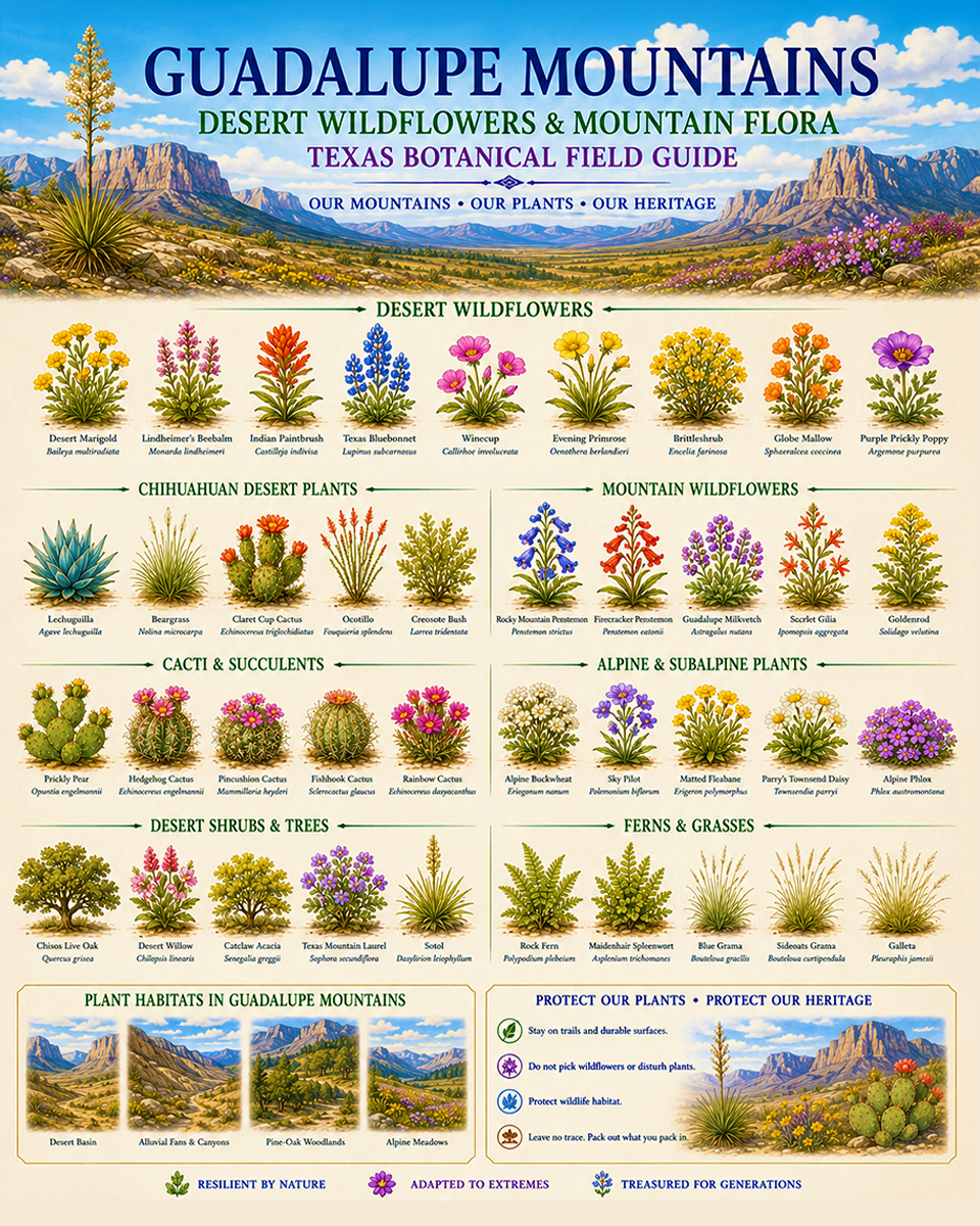 Guadalupe Mountains Desert Wildflowers & Mountain Flora Chart Matted Art Print - Texas Botanical Field Guide