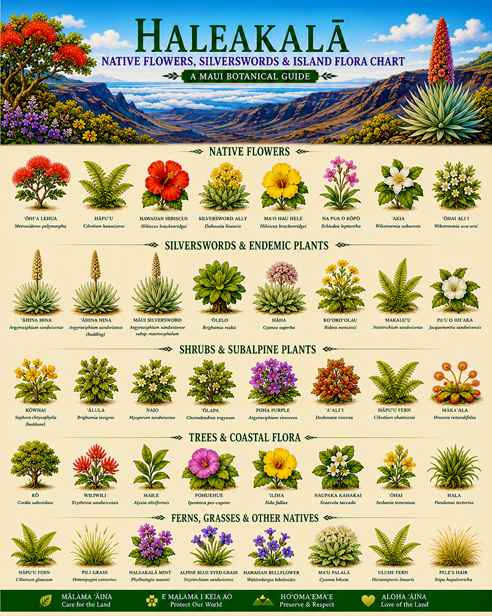 Haleakala Native Flowers Silverswords & Island Flora Chart Matted Art Print - Maui Botanical Guide