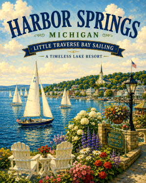 Harbor Springs Michigan Little Traverse Bay Sailing Matted Art Print - Wholesale Luxury Lake Resort Decor