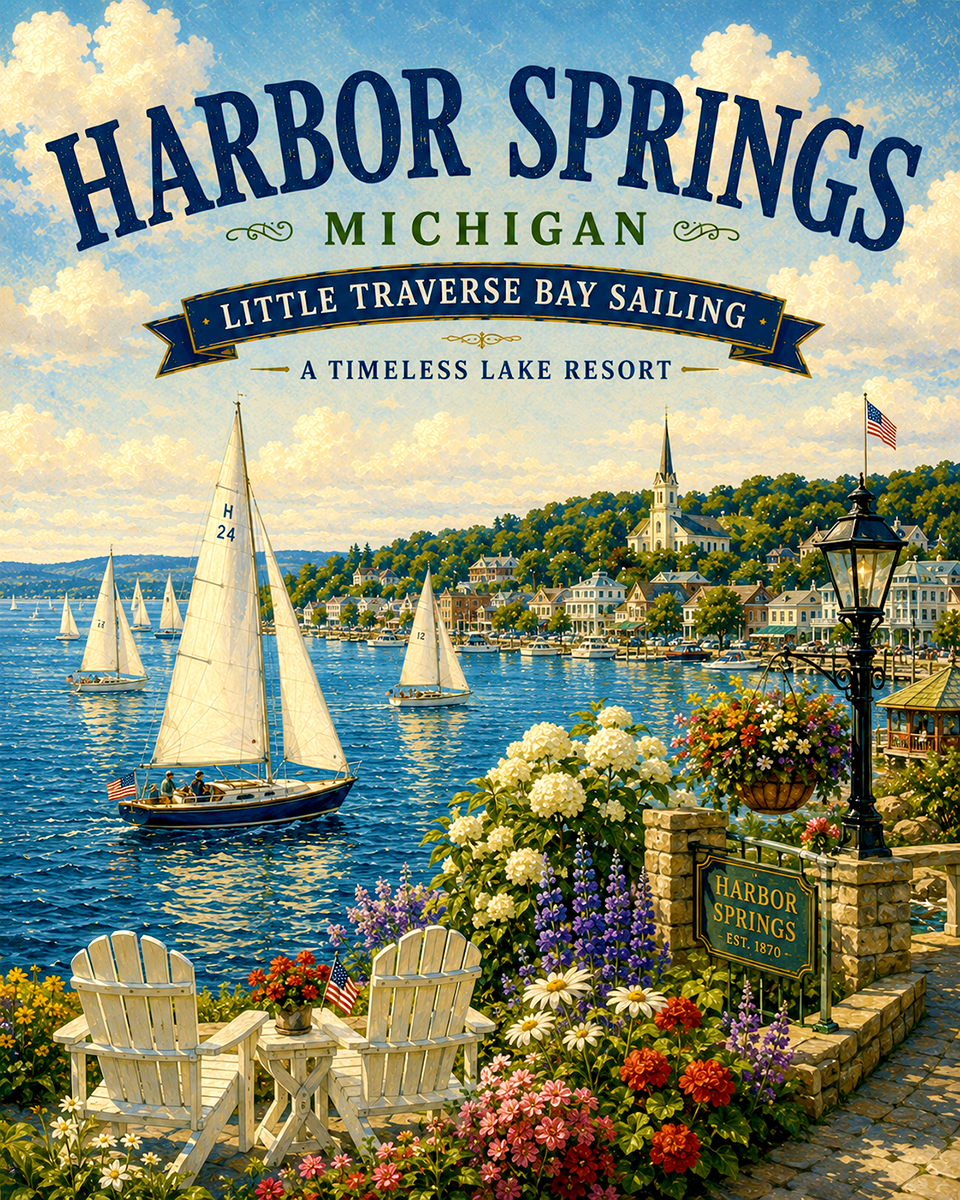 Harbor Springs Michigan Little Traverse Bay Sailing Matted Art Print - Wholesale Luxury Lake Resort Decor
