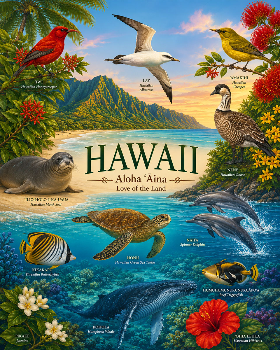 Hawaii-Native-Wildlife-and-Marine-Animals-Matted-Art-PrintQQTropical-Nature-Decor