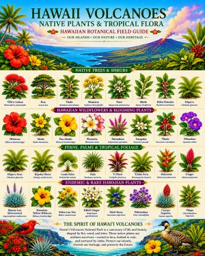 Hawaii Volcanoes Native Plants & Tropical Flora Chart Matted Art Print - Hawaiian Botanical Field Guide