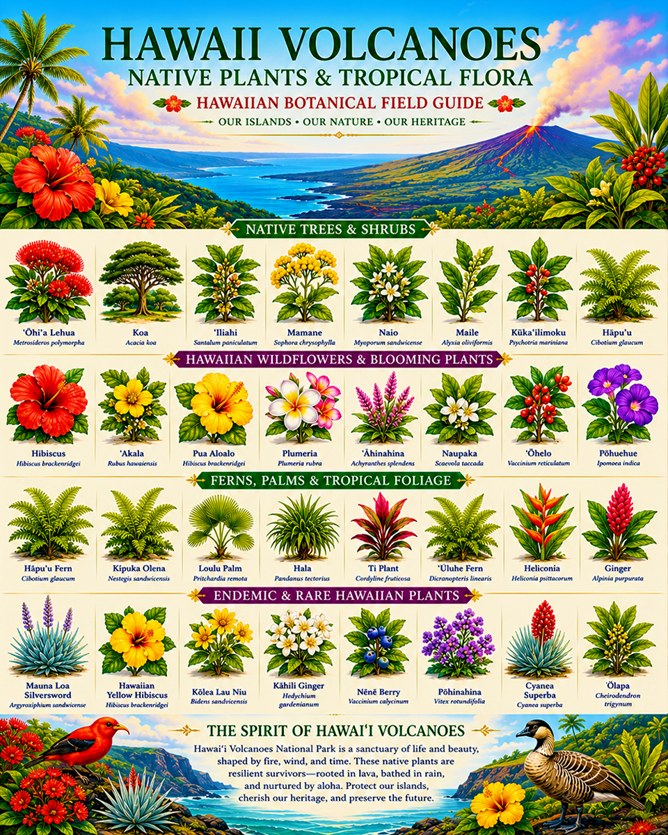 Hawaii Volcanoes Native Plants & Tropical Flora Chart Matted Art Print - Hawaiian Botanical Field Guide