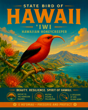 Hawaiian Honeycreeper State Bird Matted Art Print - Rare Exotic Bird Illustration for Nature Enthusiast Collections