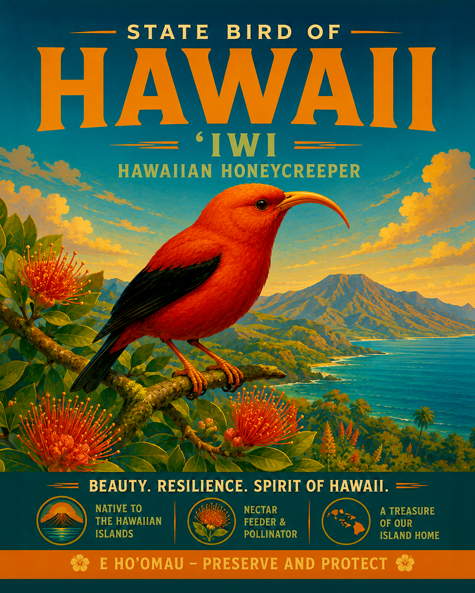 Hawaiian Honeycreeper State Bird Matted Art Print - Rare Exotic Bird Illustration for Nature Enthusiast Collections
