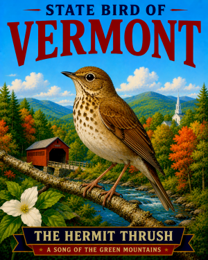Hermit Thrush Vermont State Bird Matted Art Print - Subtle Woodland Songbird Illustration for Rustic Green Mountain Decor