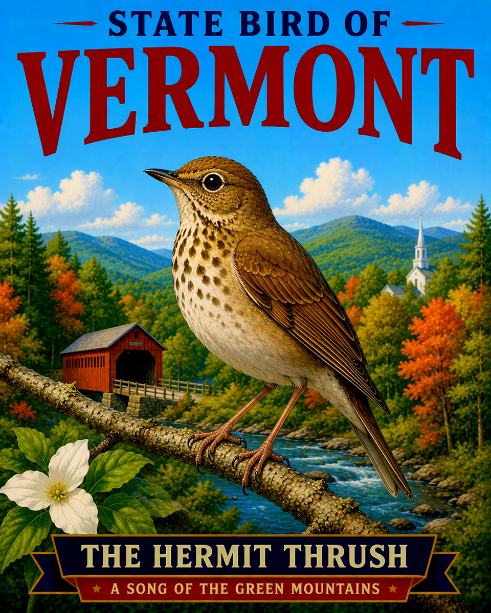 Hermit Thrush Vermont State Bird Matted Art Print - Subtle Woodland Songbird Illustration for Rustic Green Mountain Decor