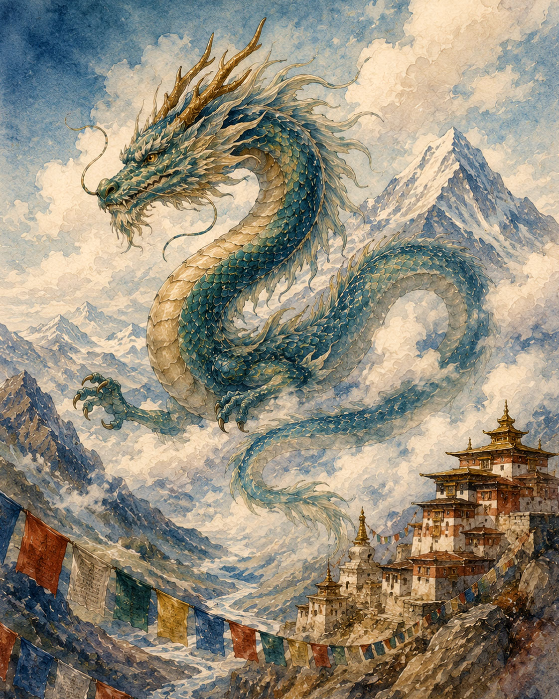 Himalayan Sky Dragon Watercolor Matted Art Print