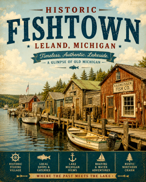 Historic Fishtown Leland Michigan Rustic Shanties Matted Art Print - Wholesale Lakeside Village Decor
