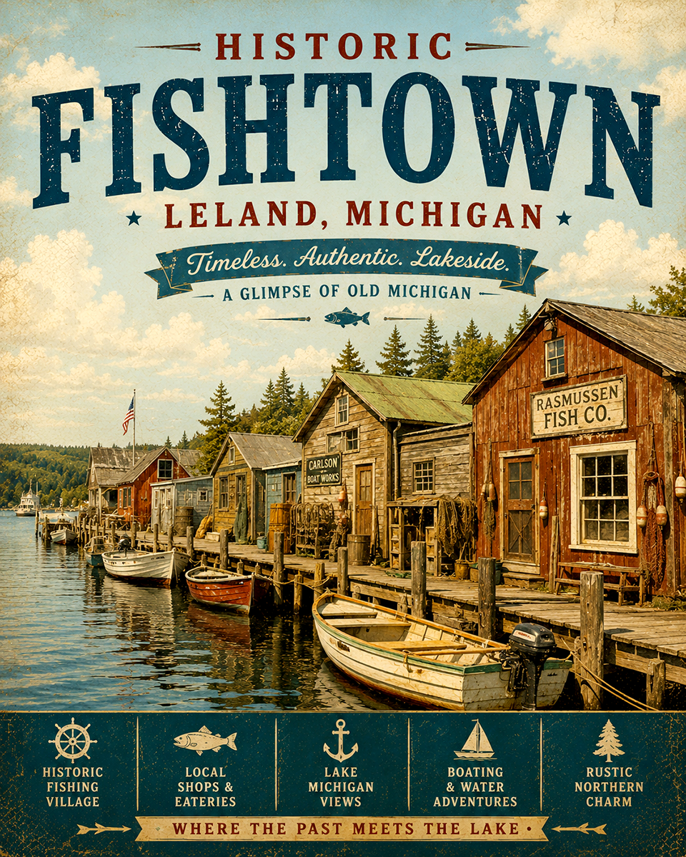 Historic Fishtown Leland Michigan Rustic Shanties Matted Art Print - Wholesale Lakeside Village Decor