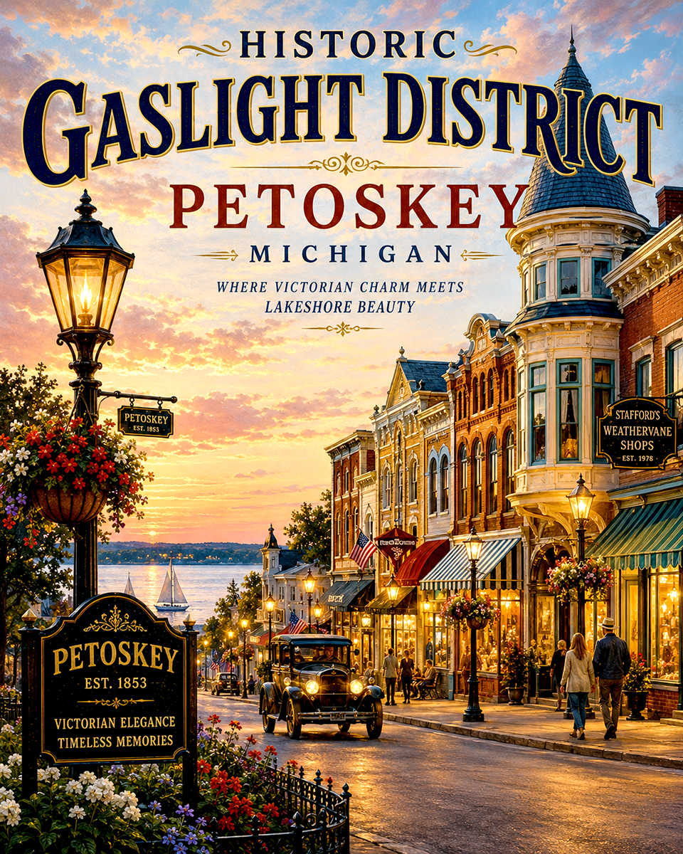 Historic Gaslight District Petoskey Michigan Matted Art Print - Wholesale Victorian Travel Decor