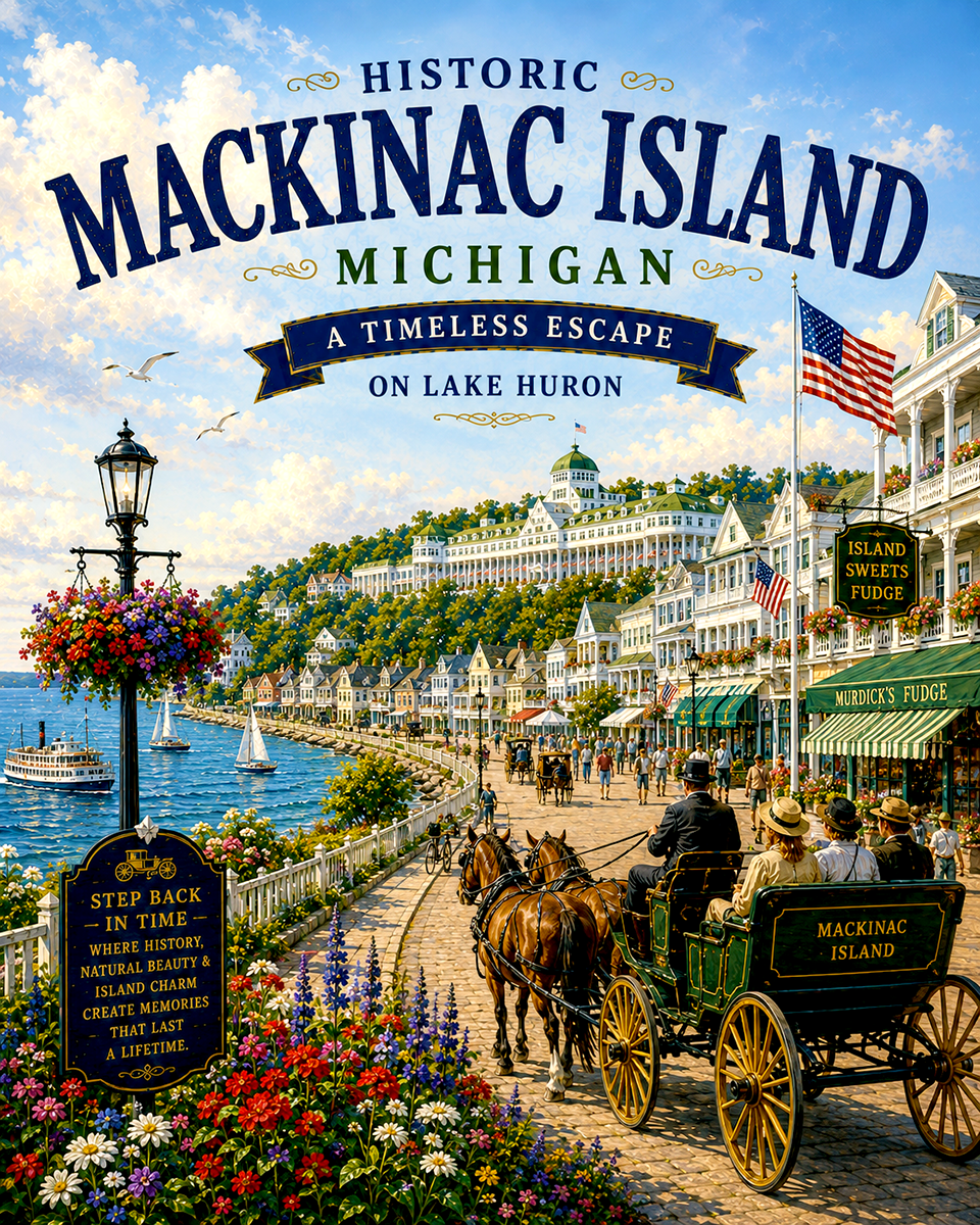 Historic Mackinac Island Michigan Matted Travel Art Print - Wholesale Lake Huron Souvenir