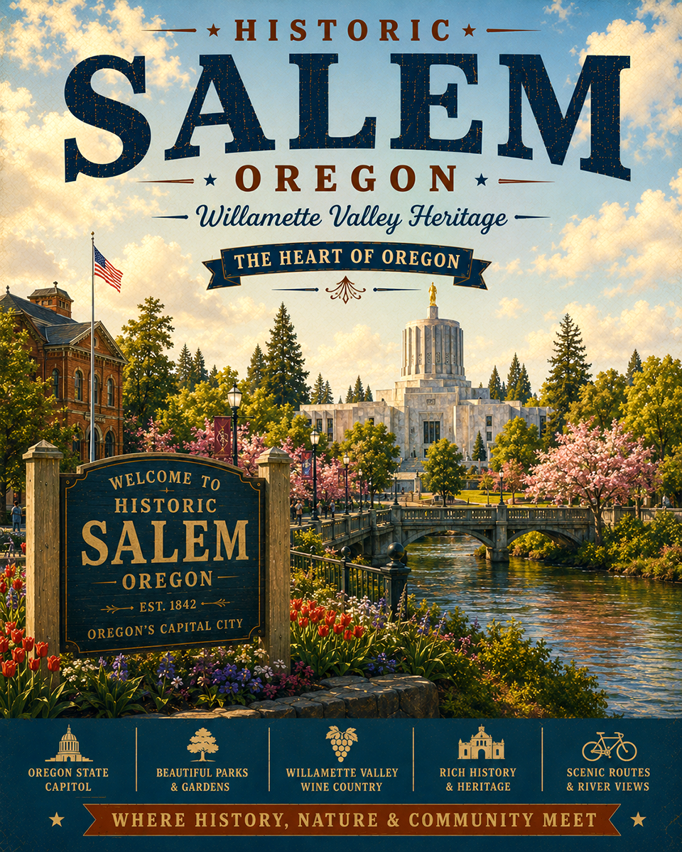 Historic Salem Oregon Willamette Valley State Capitol Matted Art Print - Wholesale Heritage Decor
