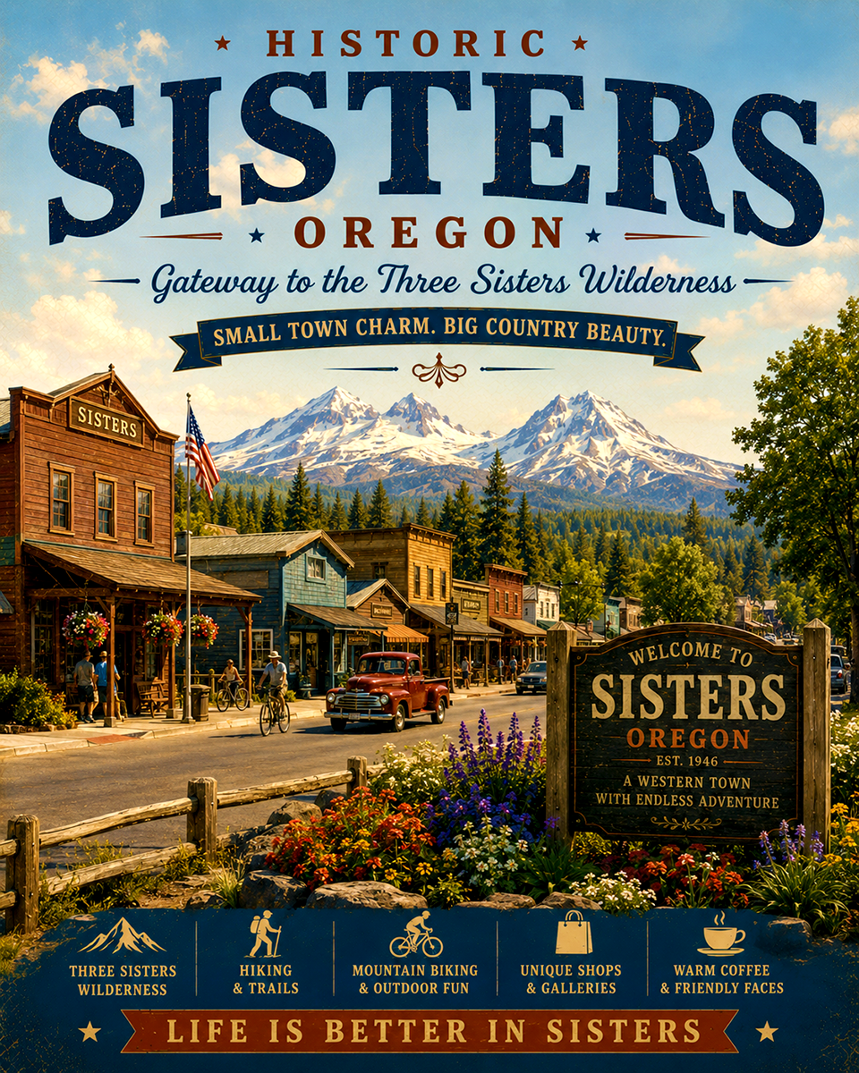 Historic Sisters Oregon Three Sisters Wilderness Matted Art Print - Wholesale Western Mountain Town Decor