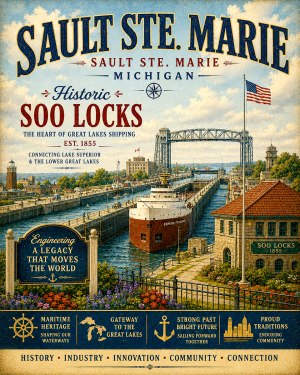 Historic Soo Locks Sault Ste. Marie Michigan Matted Art Print - Wholesale Maritime Shipping Souvenir