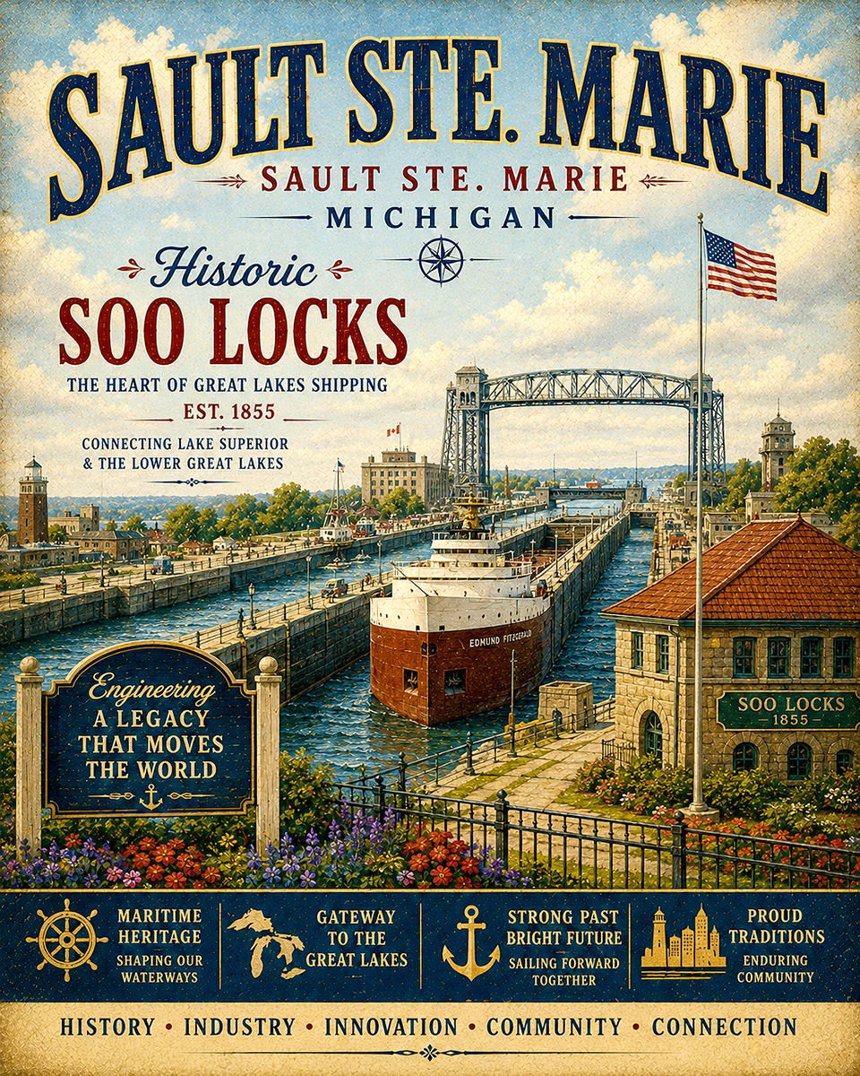 Historic Soo Locks Sault Ste. Marie Michigan Matted Art Print - Wholesale Maritime Shipping Souvenir
