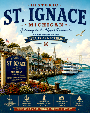 Historic St. Ignace Michigan Straits of Mackinac Waterfront Matted Art Print - Wholesale Upper Peninsula Gateway Souvenir