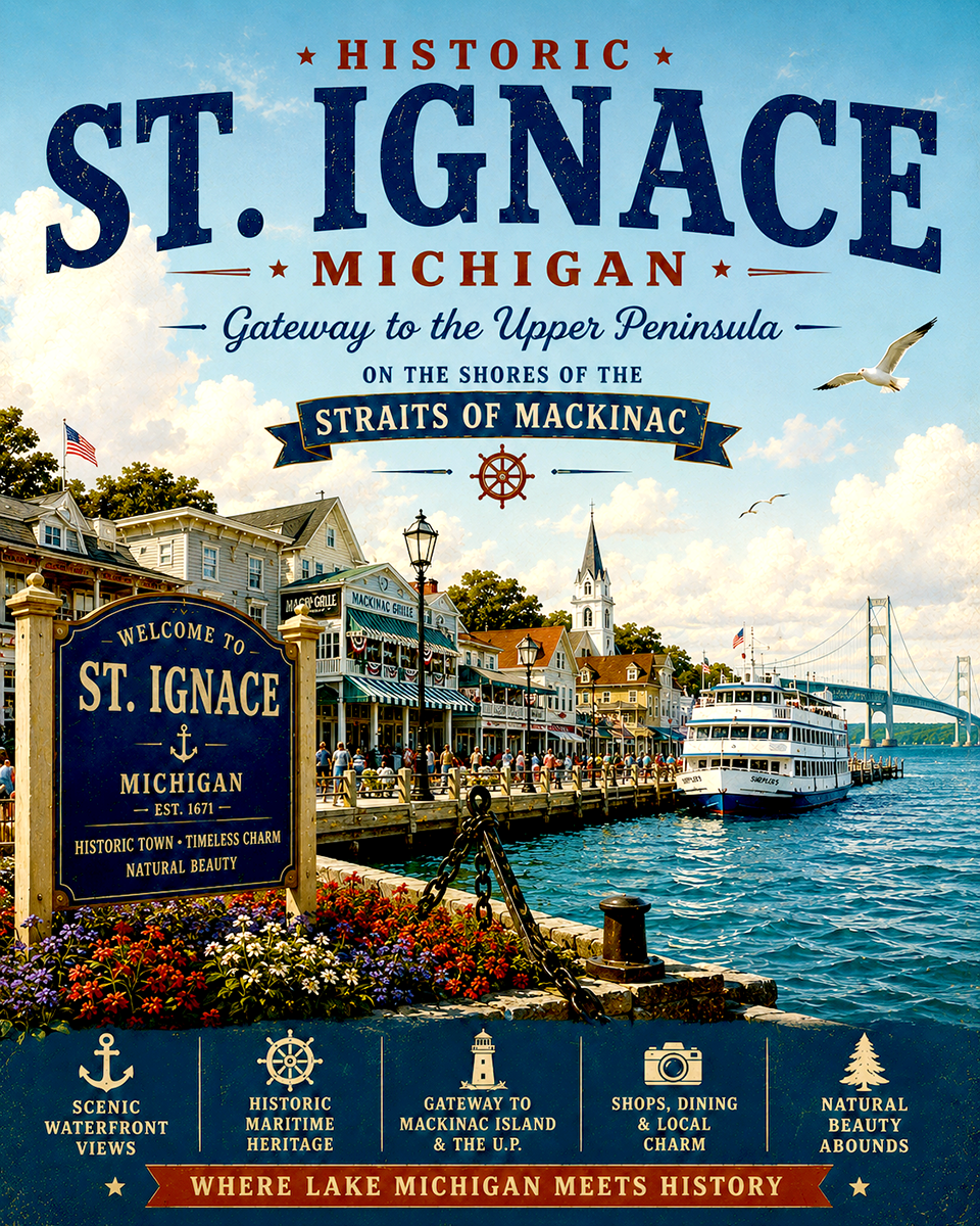 Historic St. Ignace Michigan Straits of Mackinac Waterfront Matted Art Print - Wholesale Upper Peninsula Gateway Souvenir