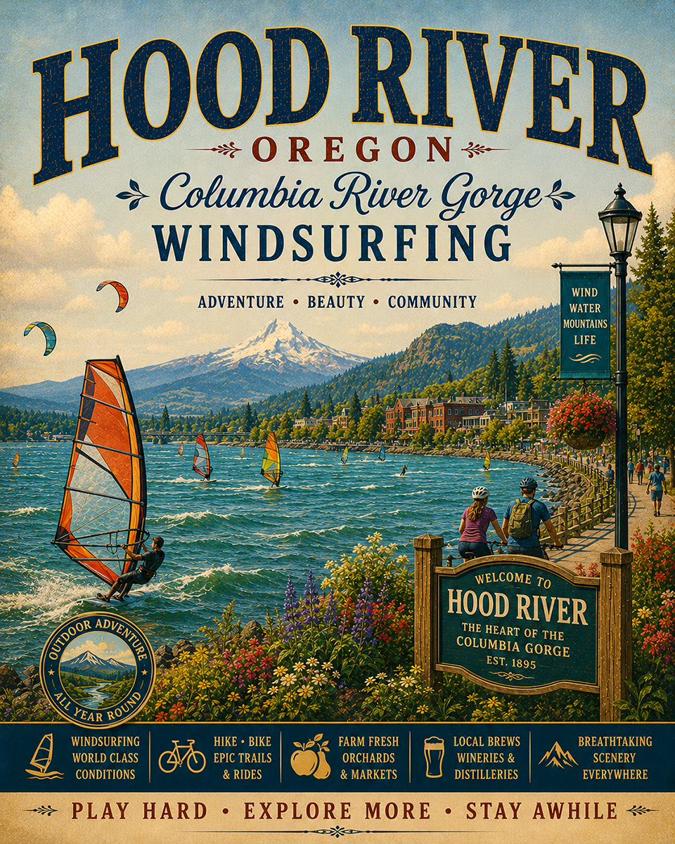 Hood River Oregon Columbia River Gorge Windsurfing Matted Print - Wholesale Outdoor Adventure Art