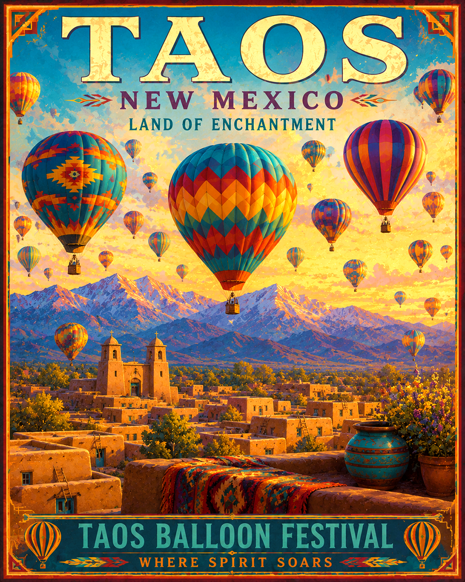Hot Air Balloons Over Taos Art Print in Mat - Wholesale New Mexico Decor