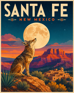 Howling Coyote Santa Fe Matted Travel Art Print - Wholesale New Mexico Decor