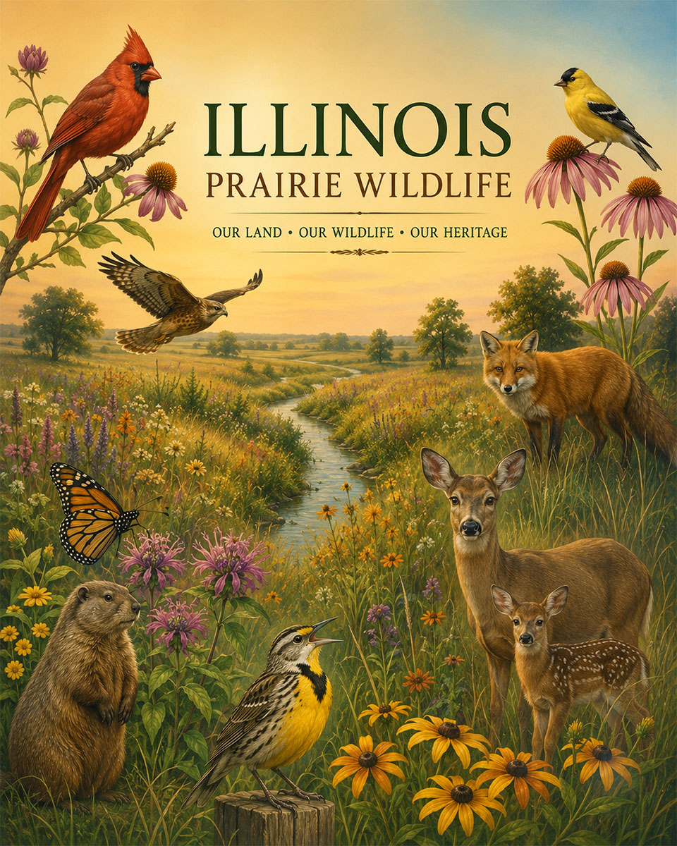 Illinois-Prairie-Wildlife-Matted-Art-PrintQQNative-Birds-and-Mammals-Collage