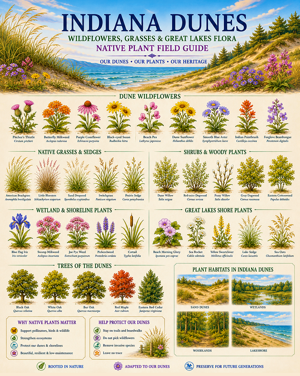Indiana Dunes Wildflowers Grasses & Great Lakes Flora Chart Matted Art Print - Native Plant Field Guide