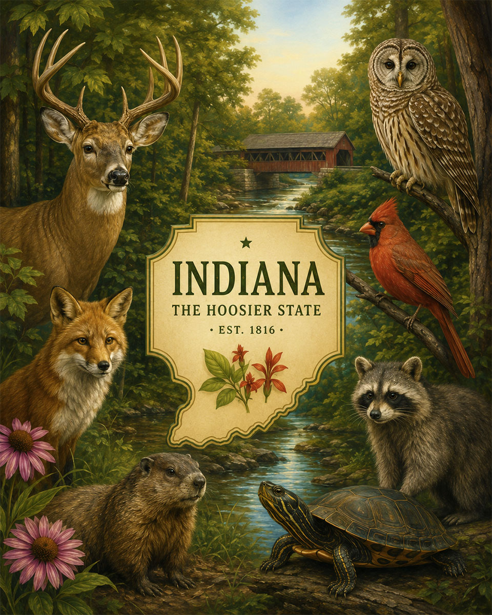 Indiana-Native-Wildlife-Collection-Matted-Art-PrintQQWoodland-Nature-Wall-Decor