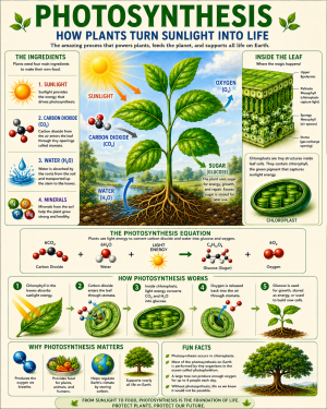 Infographic Explaining Photosynthesis - Sunlight - Water - Carbon Dioxide and Plant Growth Processes - Colorful Botany Education Poster Matted Art Prints for Classrooms