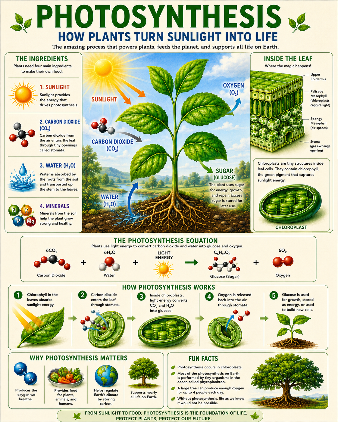 Infographic Explaining Photosynthesis - Sunlight - Water - Carbon Dioxide and Plant Growth Processes - Colorful Botany Education Poster Matted Art Prints for Classrooms