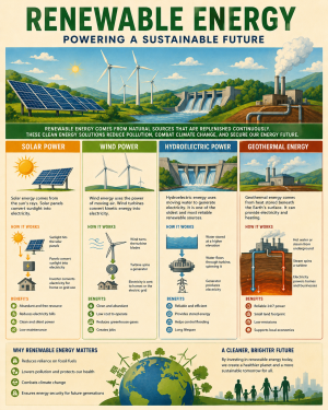 Infographic Explaining Renewable Energy - Solar - Wind - Hydroelectric and Geothermal Power Matted Art Prints for Classrooms