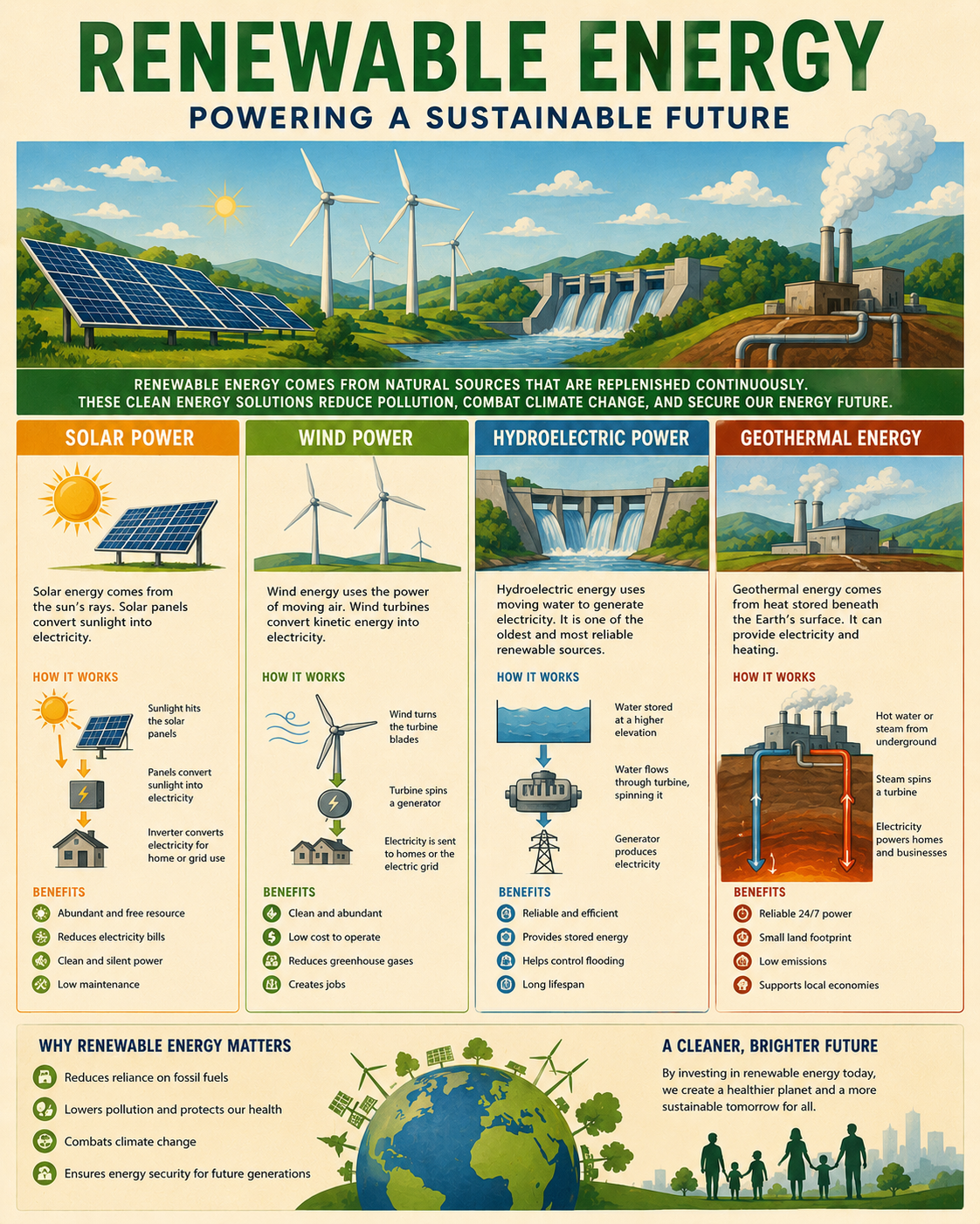 Infographic Explaining Renewable Energy - Solar - Wind - Hydroelectric and Geothermal Power Matted Art Prints for Classrooms