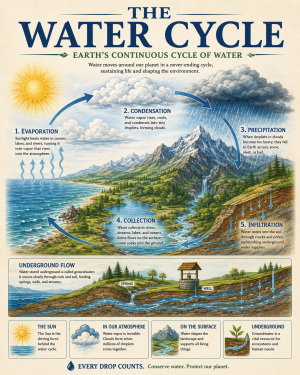 Infographic Explaining the Water Cycle - Evaporation - Condensation - Precipitation and Groundwater Processes Matted Art Prints for Classrooms