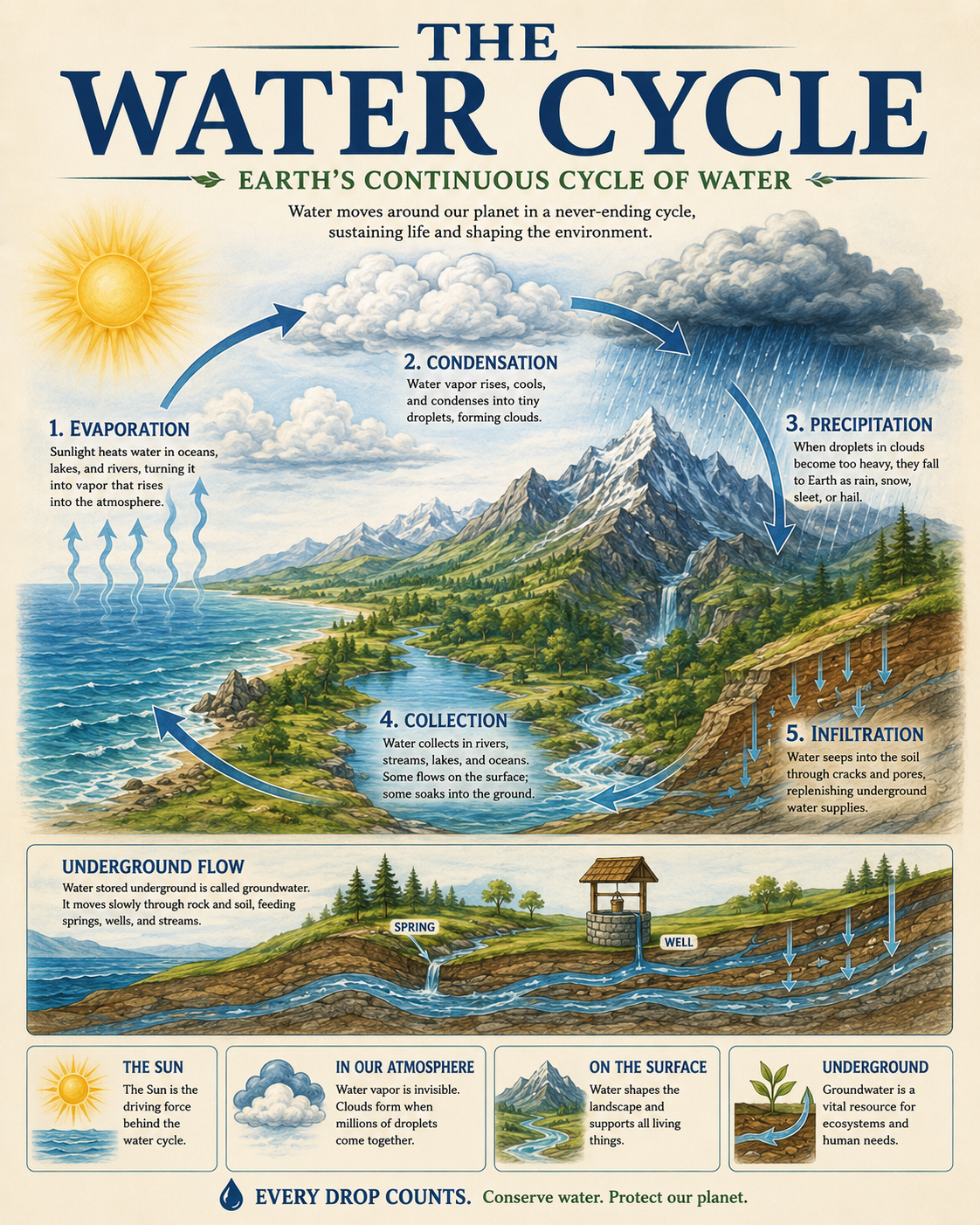 Infographic Explaining the Water Cycle - Evaporation - Condensation - Precipitation and Groundwater Processes Matted Art Prints for Classrooms