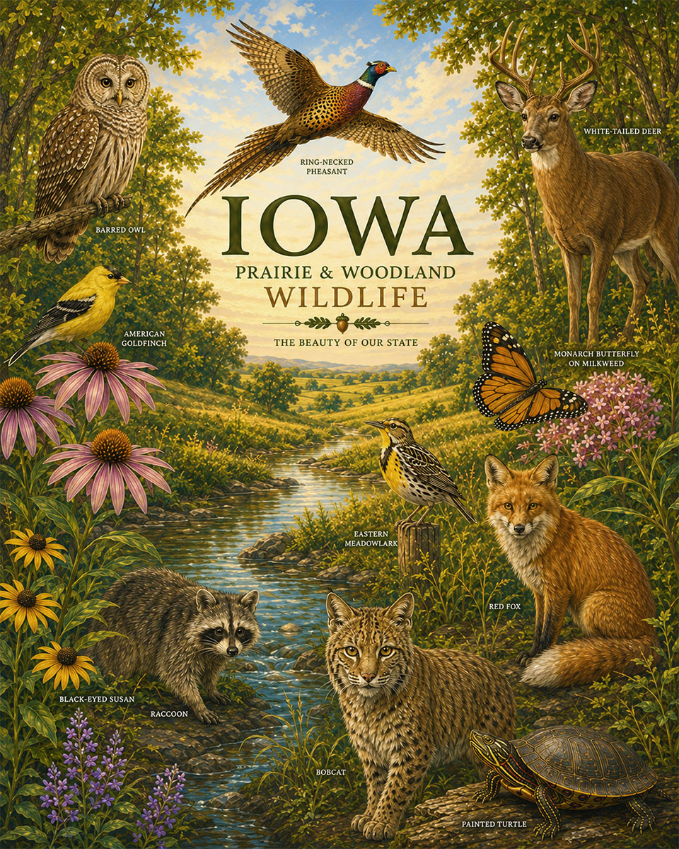 Iowa-Prairie-and-Woodland-Wildlife-Matted-Art-PrintQQState-Nature-Collage
