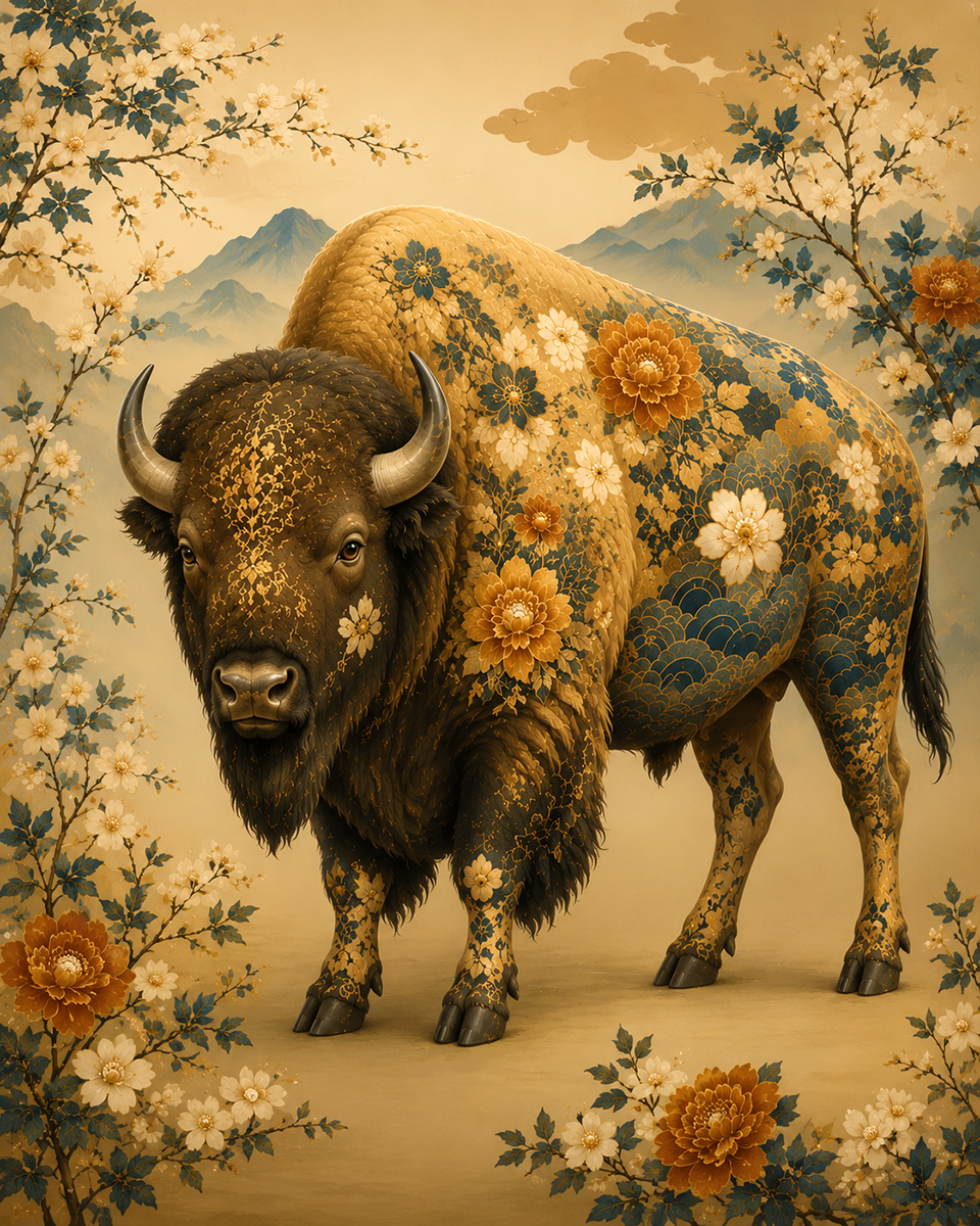 Japandi Folk Art Bison Study Highlighting Clean Organic Florals - Matted Art Print