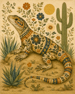 Japandi Folk Art Decorative Lizard Profile Balancing Minimalist Earth Tones with Intricate Traditional Japanese Textures and Lines - Matted Art Print