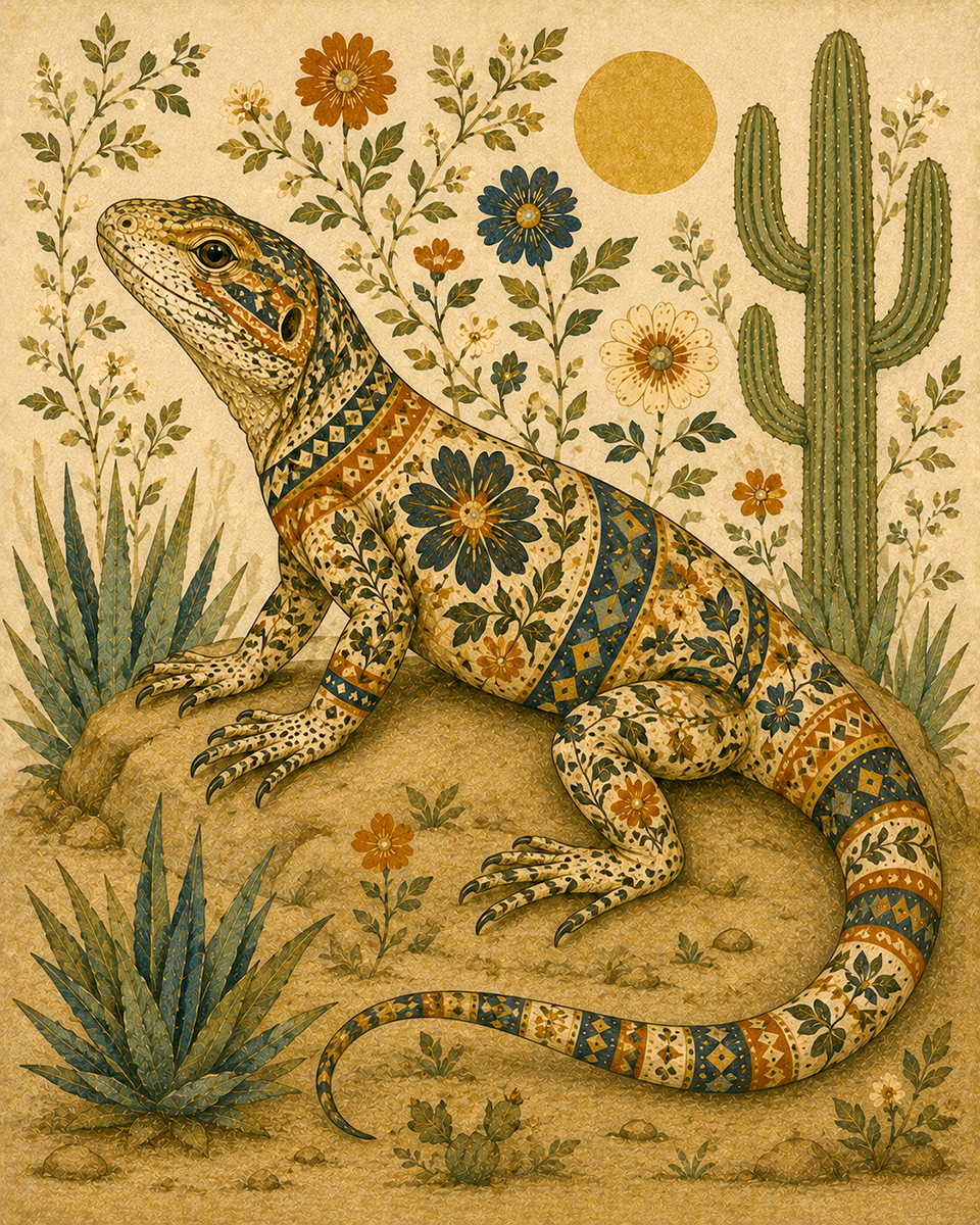 Japandi Folk Art Decorative Lizard Profile Balancing Minimalist Earth Tones with Intricate Traditional Japanese Textures and Lines - Matted Art Print
