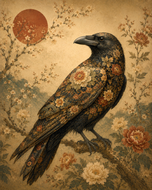 Japandi Folk Art Ornamental Raven Harmonizing Scandinavian Simplicity with Intricate Eastern Painting Style - Matted Art Print