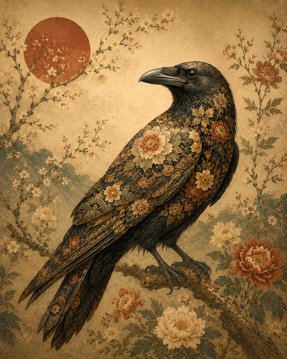 Japandi Folk Art Ornamental Raven Harmonizing Scandinavian Simplicity with Intricate Eastern Painting Style - Matted Art Print